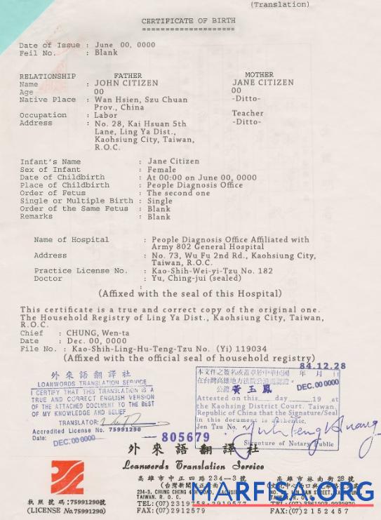 Printable Taiwan birth certificate template in PSD format